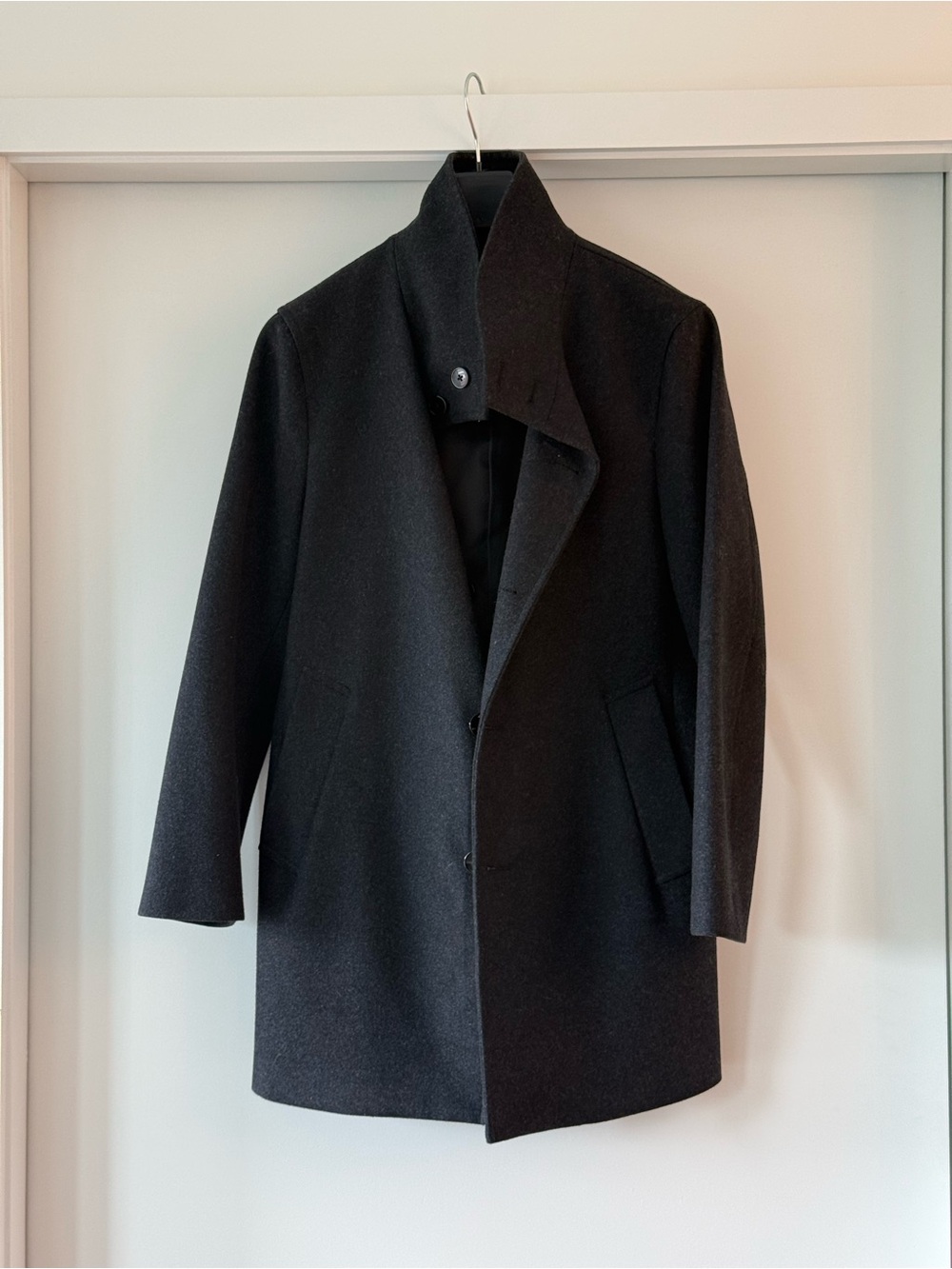 Men's Black Wool Coat with High Collar